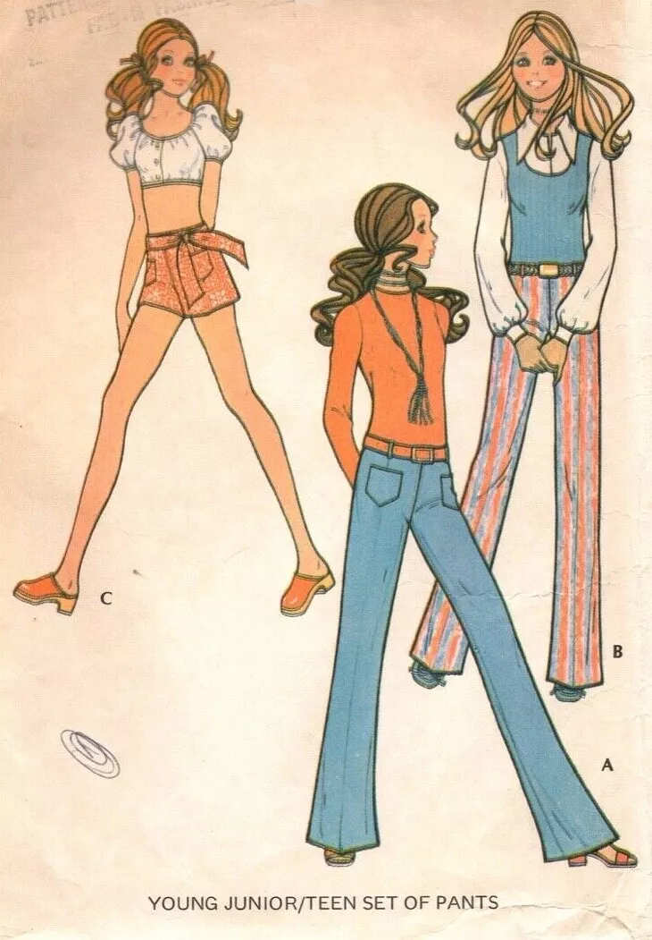 70s Vintage Sewing Pattern Miss Teen Hip Hugger Shorts Jeans Pants Bell  Bottom