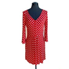 Womens 4 Boden Dress Red White Starburst Dot Fit Flare Stretch 3/4 Sleeve V Neck
