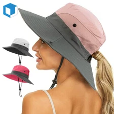 Women Sun Hat Summer Bucket Wide Brim Ponytail Boonie Travel Cap UV Protection