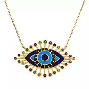 Authentic Rarities Gold Plated Silver Multi Gem Evil Eye Talisman Pendant Necklace 18"