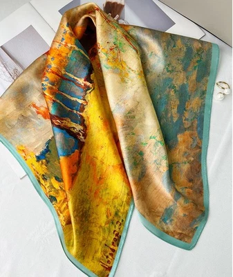 100% Mulberry Silk Scarf 28x28 – Birch Forest Print Lightweight Wrap for Women