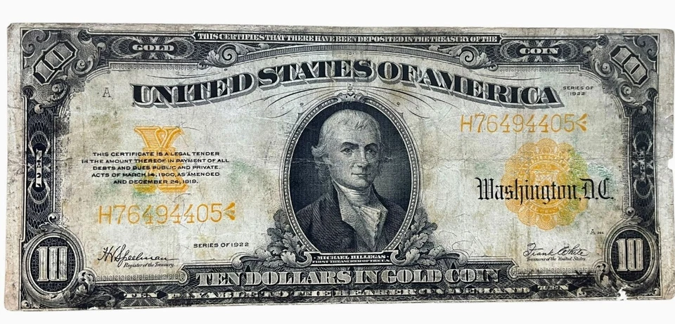 Rare 1922 $10 LARGE Size US Currency Ten Dollar GOLD CERTIFICATE  - Image 3 of 4