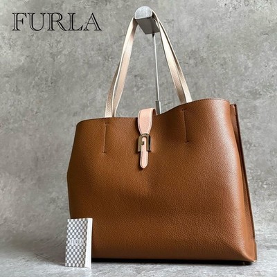 FURLA SOFIA L TOTE Large Brown Pink Leather Shoulder Bag Gold Arch Logo Casual