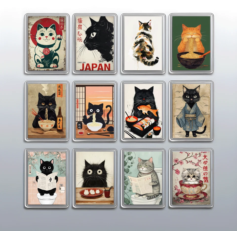 2517-OSS MANCHESTER STUDIO Vintage Japanese Cat Fridge Magnets – Unique Kawaii Retro Fridge Decor