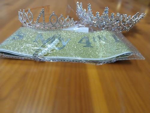 4th Birthday Tiara & Sash Lot Gold Glitter Clear Diamond Cut Rhinestone