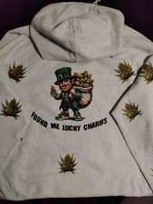 Gray Cotton Pullover Hoodie with Leprechaun Cannabis Graphic Print and Pockets