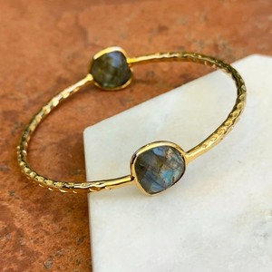 Authentic Gold-Plated Labradorite Gemstone Hammered Slip-On Style Bangle Bracelet