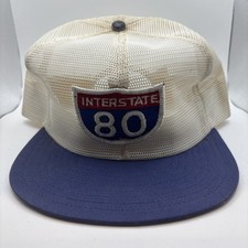 High Crown Trucker Hat White All Mesh Interstate 80 SnapBack USA Made Vtg