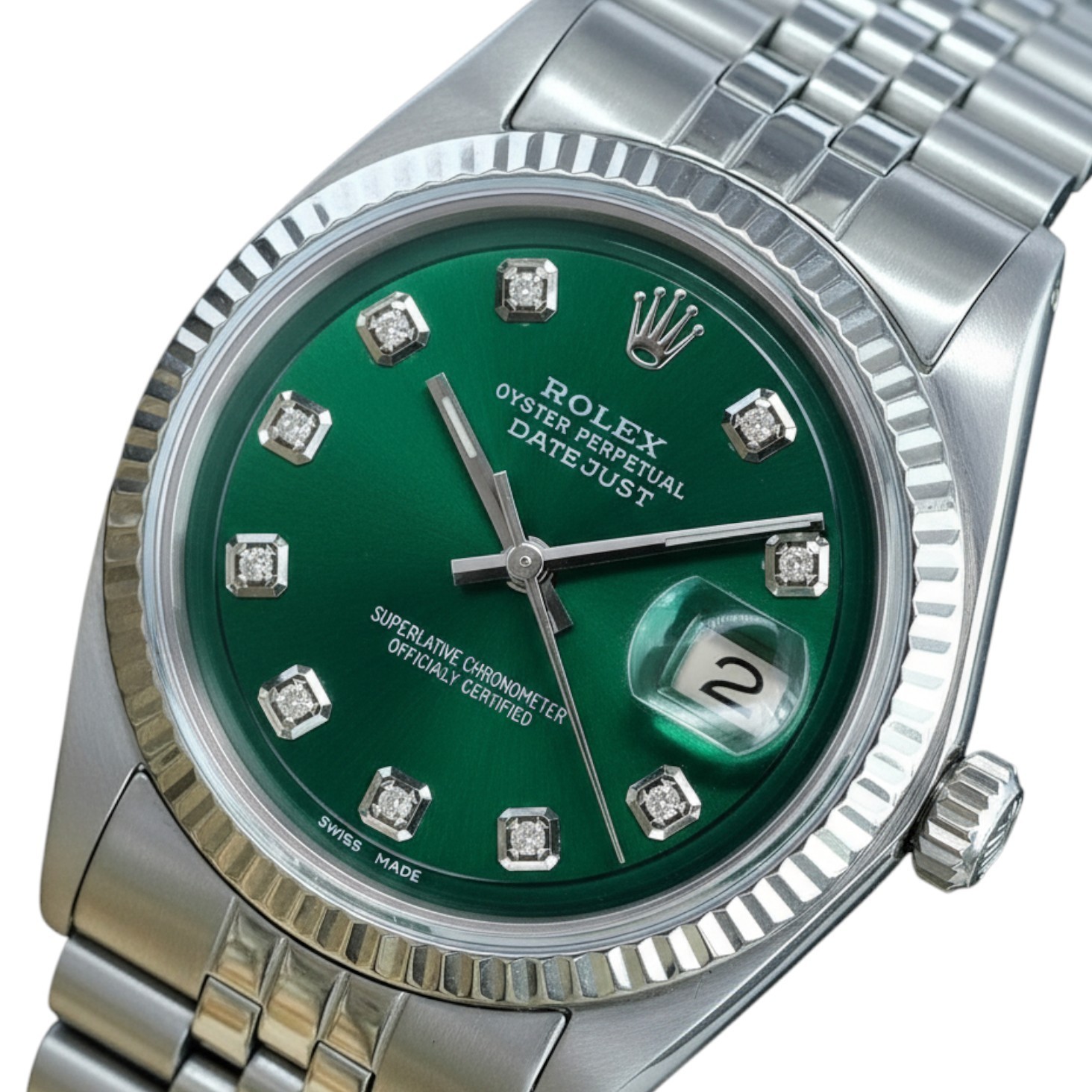 Rolex Datejust 1601 Steel Green Diamond Dial Fluted Bezel Watch w/Original Box