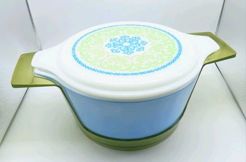 Rare Vintage Pyrex Ocean Filagree 1973 Bowl Lid w Cradle Blue Green White