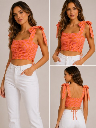 Sugarlips Haines Town Tank Ruched Front Smocked Back Tie Straps Women's Medium