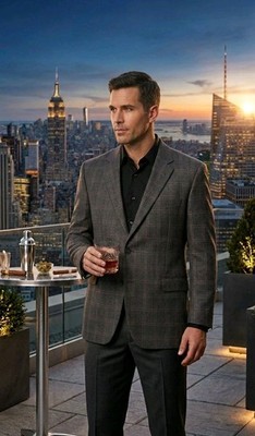 JOS A BANK Mens US 44L Wool Blazer Sport Coat Jacket Suit Plaid Gold Stripe 