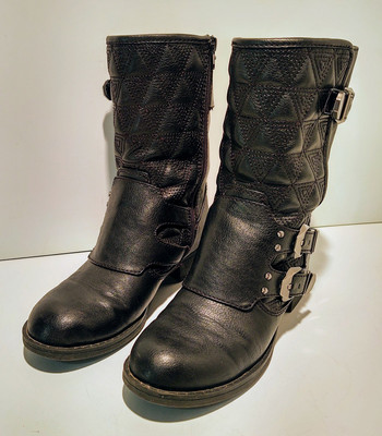 Fergalicious By Fergie Mid Calf Moto Buckle Fashion Women Boot Sz 7.5 M Black