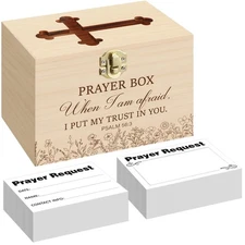 Prayer Request Box with 100 Pcs Prayer Cards 6.3 x 4.3 x 4 Inches Wooden Dist...