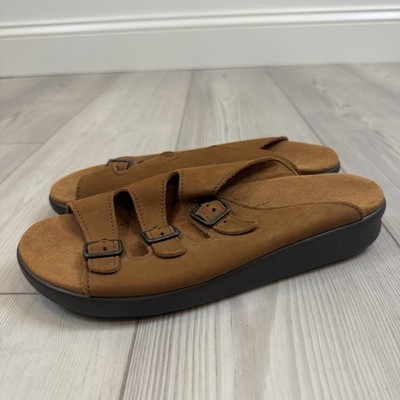 SAS Roamer Slide Sandals Women 9.5M Brown Suede Triple Buckle Comfort USA Made