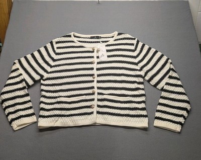 Lillusory White With Black stripe button down sweater Large NWT