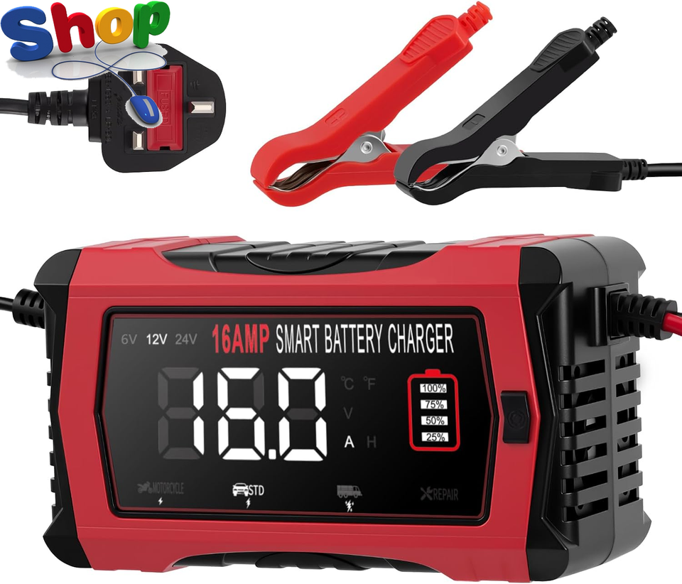 Car Battery Charger 12V, 16A 6V/12V/24V Automatic Smart Charger Car ...