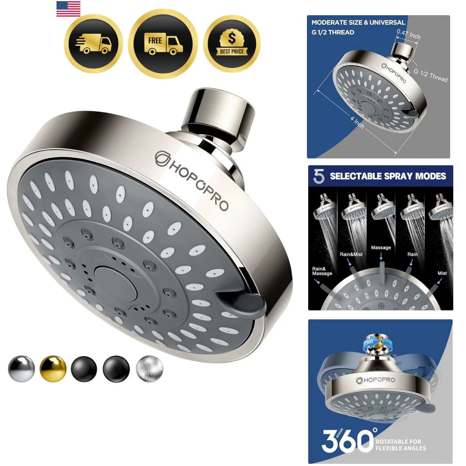 High Pressure Shower Head with 5 Modes Brushed Nickel Wall Mount 4 Inch