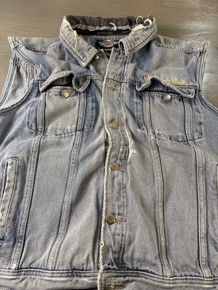 Chaleco de mezclilla Harley Davidson para hombre XL motociclista bordado grunge jean montar años 90 Foto 3 de 4