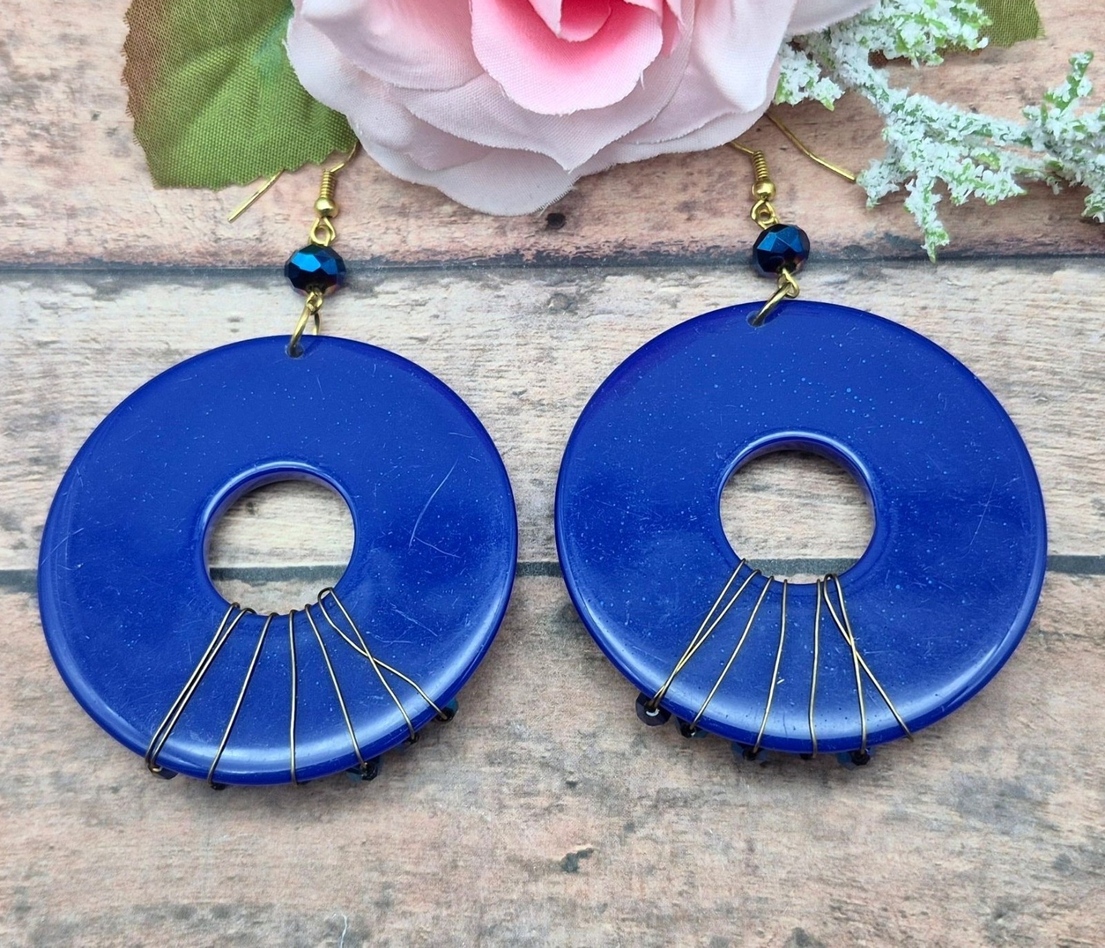 Large Dangle Statement Earrings Cobalt Blue Hoops… - image 3