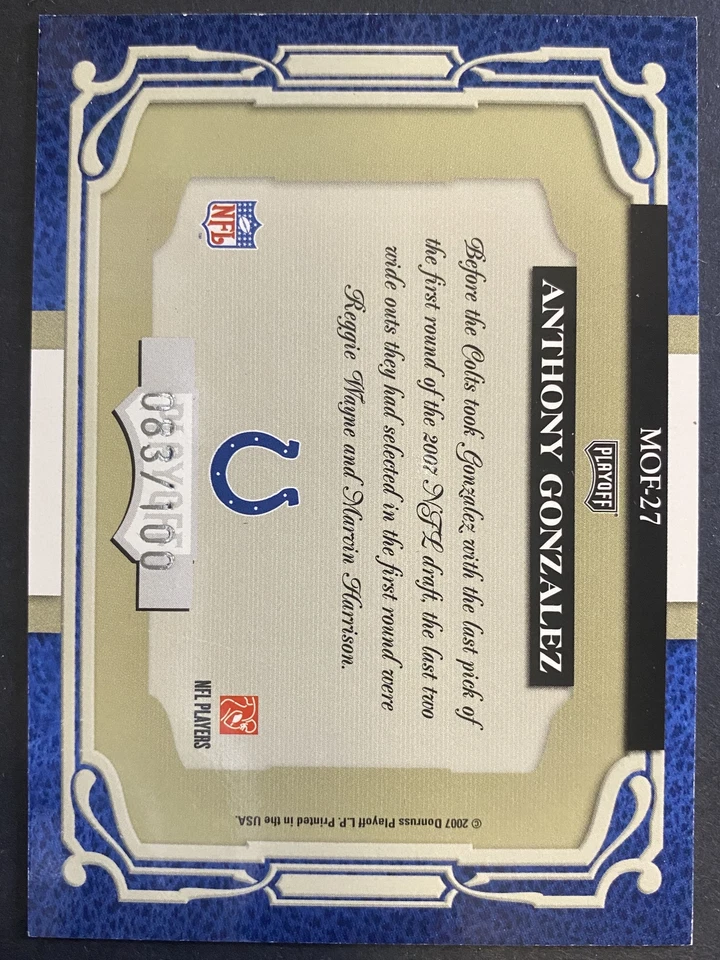 Anthony Gonzalez 2007 Playoff Absolute Memorabilia Marks of Fame /100 #MOF-27 - Image 2 of 2