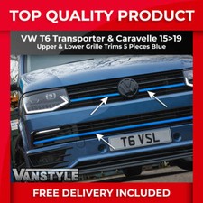FITS VW T6 TRANSPORTER 15-19 UPPER + LOWER 5PC CLIP IN RADIATOR GRILLE TRIM BLUE
