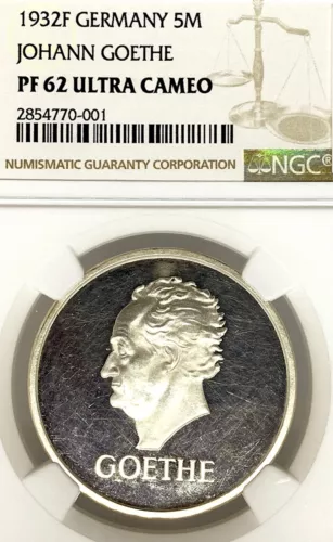 Germany, Weimar Republic, 1932 F, 5 Mark, GOETHE, Thaler, NGC PF 62 UCAMEO, RARE