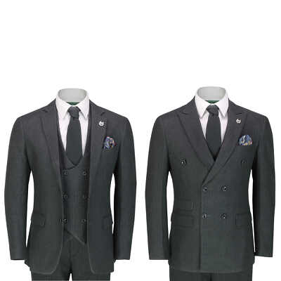 Mens 3 Piece Double Breasted Suit Grey Pinstripe Retro 1920