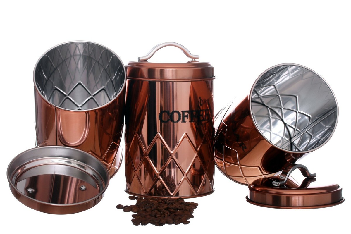 Retro Vintage Copper & Stainless Steel Tea Coffee Sugar Canisters Set - Airtight Lids (3 Jars) 1 thumbnail image