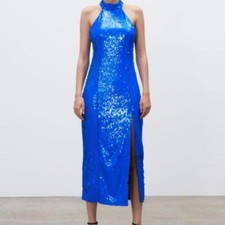 Stunning Zara Blue Halter Sequin Bodycon Dress Small VGC
