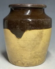 Antique Brown Glazed Yellow Ware Pottery Jar Primitive 19th C. Rustic Yellowware