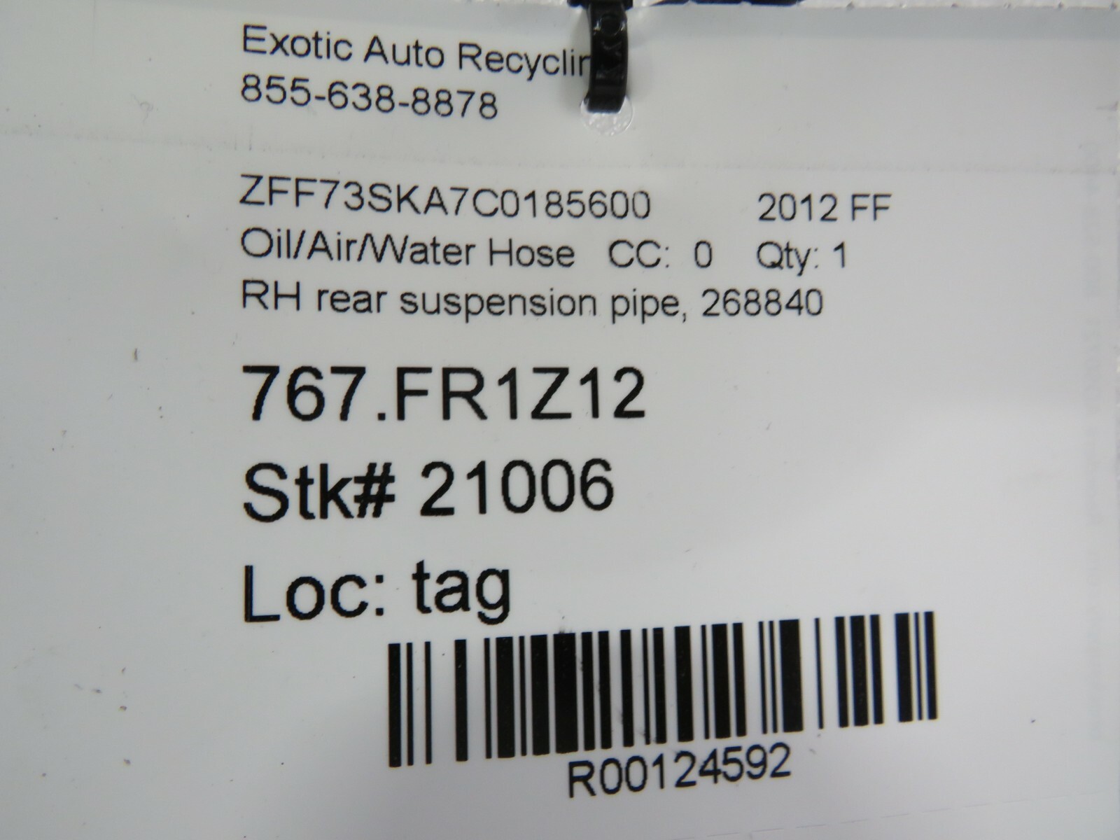 Ferrari FF, RH, Right, Rear Suspension Pipe, Used, P/N 268840
