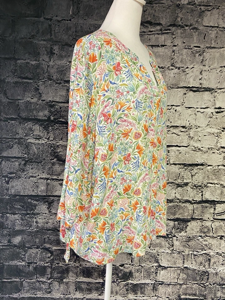 JNY Blouse Womens Size 2X  Extra Large  White Flowers Boho Hippie Peasant - Image 2 of 4