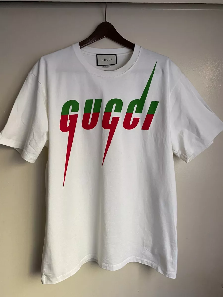 GUCCI RED/GREEN BLADE PRINTED LOGO WHITE T-SHIRT SIZE M eBay