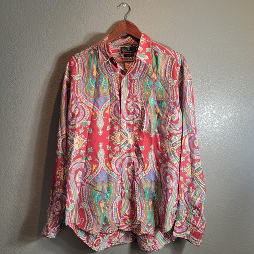 Polo Ralph Lauren Silk Paisley Shirt RRL VtG Western 70s 80s Hippie Red Large