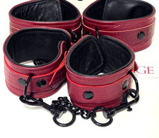 BURGUNDY  BLACK LEATHER Adjustable ANKLE  WRIST CUFFS SET by Rouge Bondage