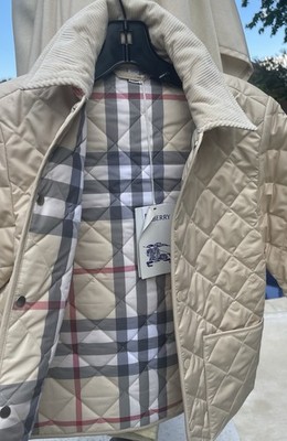 Burberry Diamond Quilted Pale Stone Barn Jacket With  Check Lining Sz 8y