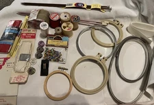 Assortment Of Sewing & Crafting Supplies Thread Hooks Bobbins Embroidery Hoops
