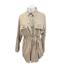 Zara Beige Khaki Long Sleeve Tie Waist Pocket Utility Mini Shirt Dress Size M