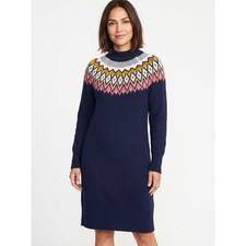 Old Navy Blue Fair Isle Mock Neck Long Sleeve Sweater Dress Women Size M