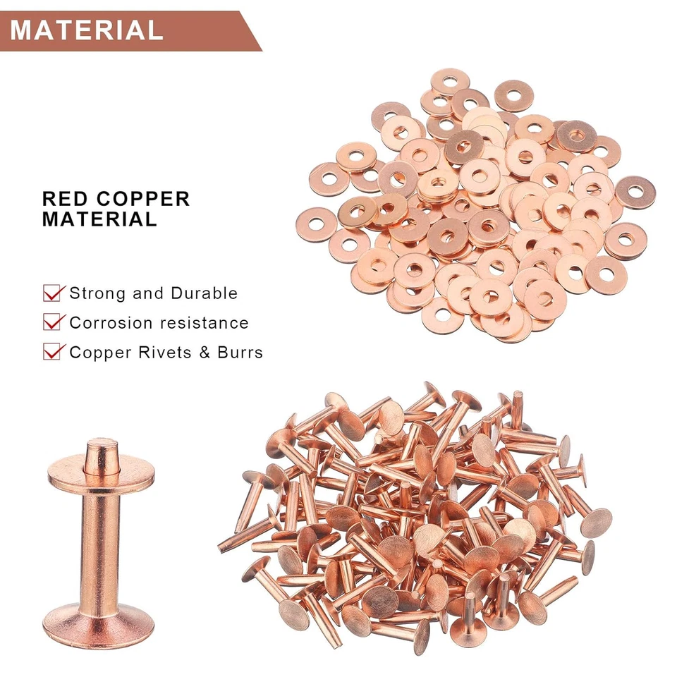 Remaches y arandelas de rebabas de cobre, 9/16 pulgadas, tamaño 12, 200 piezas para artesanía de cuero Foto 3 de 4