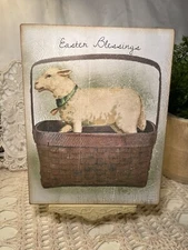 Primitive, Easter Blessings Lamb in a Basket, HANDCRAFTED Plaque / Sign