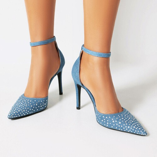 Womens Pointed Toe Bling Rhinestones Party Pumps High Heels Ankle Strap OL Shoes - Picture 17 of 19