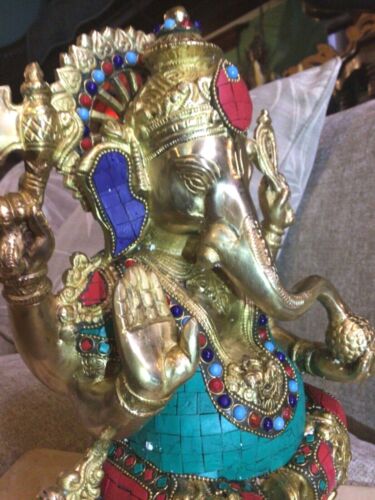 Ganesh grande statua ottone pietre intarsiate scultura tempio divinità orientale 31 cm 8 kg - Foto 5 di 12