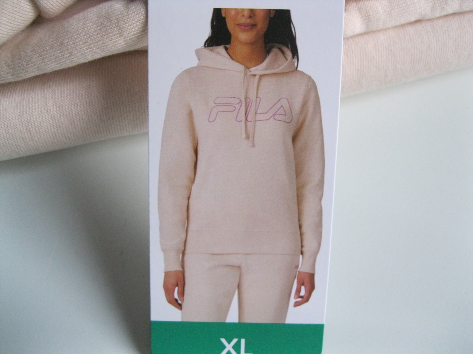 NUOVO FILA maglione donna peso medio pile logo felpa con cappuccio panna taglia XL