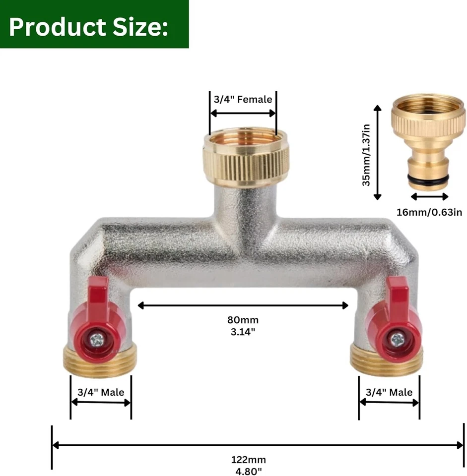 Tap Hose Splitter Brass 2-Way – 2 Faucet Adapters PTFE Tape & 3/4" Tap Connector - Image 2 of 4