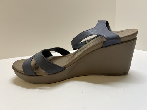 crocs blu leigh zeppa tacco tela cinturino regolabile slip on tg w10 #1 - Foto 11 di 14