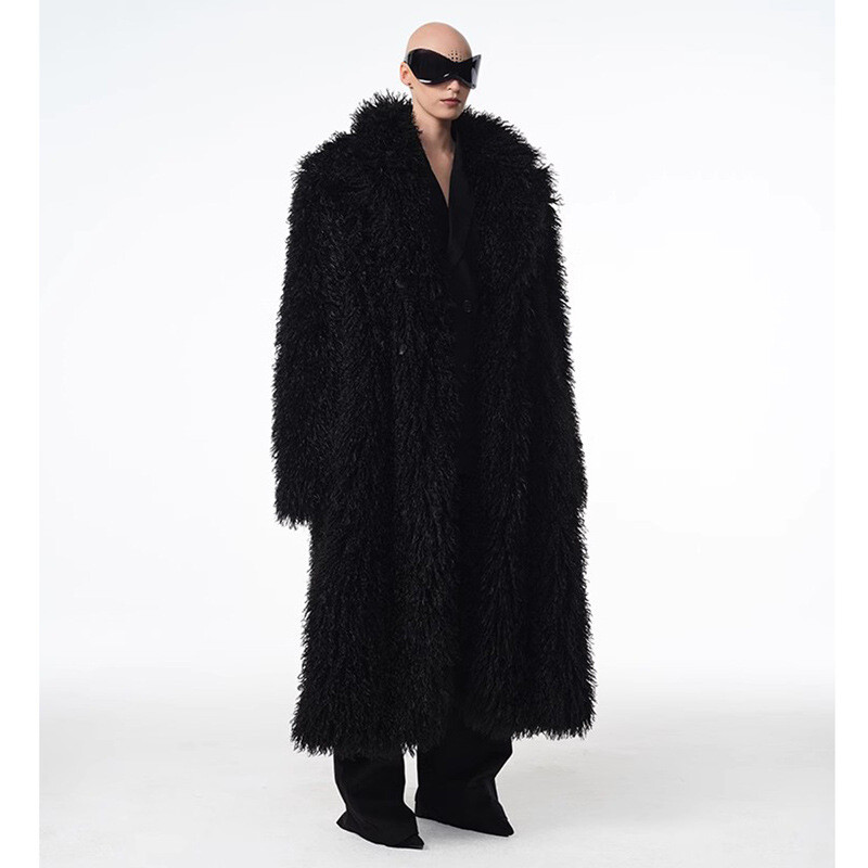 American Style Lapel Collar Men Mid Long Faux Mongolian Fur