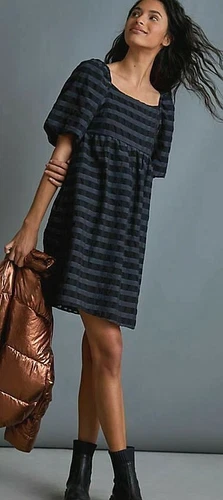 Anthropologie Women Marla Flounced Puff Sleeve Mini Black Dress Tunic sz M NWT