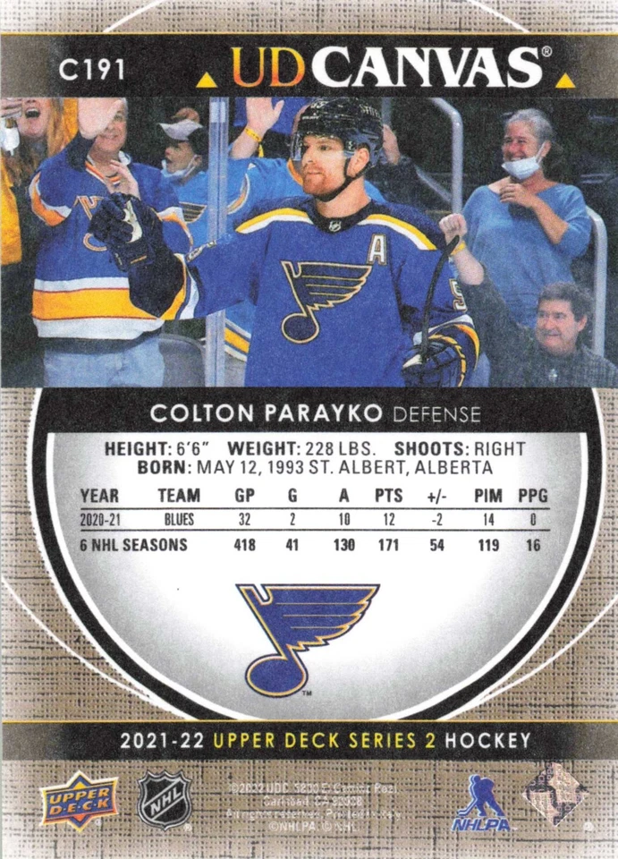 2021-22 Colton Parayko Upper Deck Series 2 Canvas #C191 - Image 2 of 2